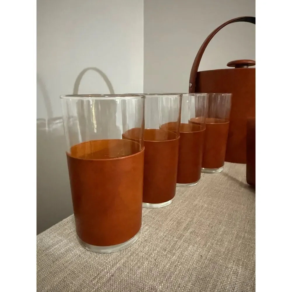 Vintage Mid Century Ice Bucket Barware Set 8 Glasses Coasters Napkin Holder